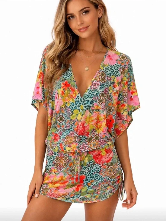 Luli Fama Cabana V-Neck Dress Swimsuit Cover-Up Floral Tropical Size Small - Picture 1 of 9